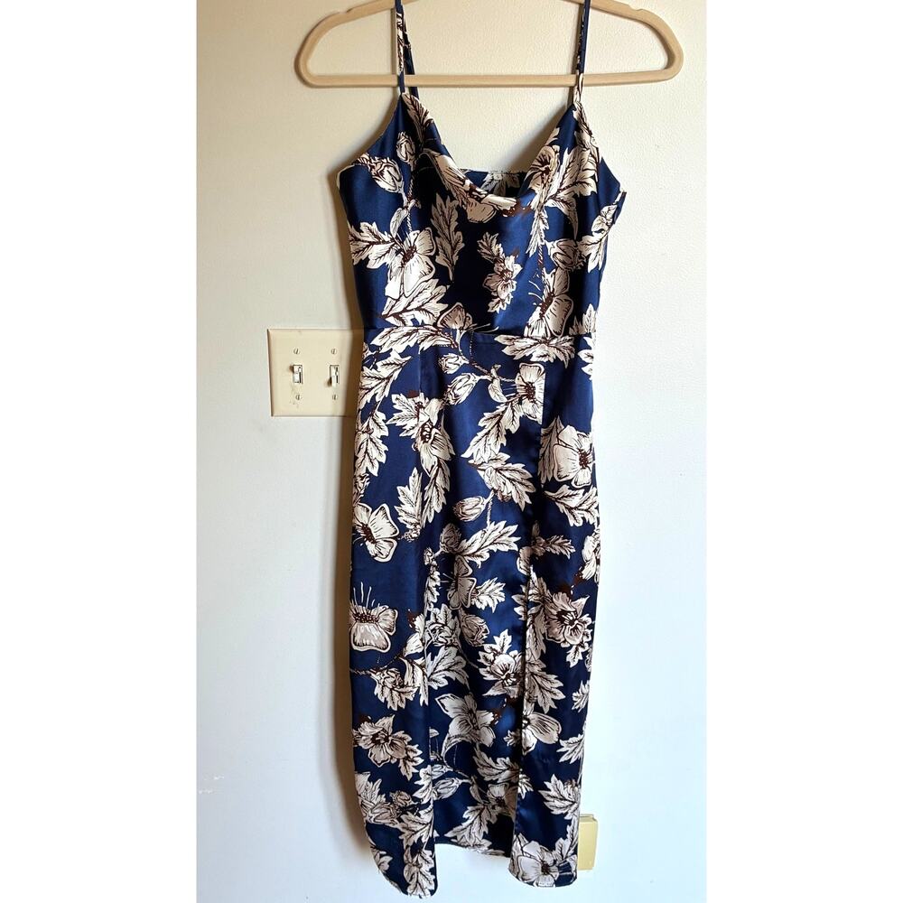 SHEIN Navy Cream Floral Cowl Neck Satin Maxi Dress Size S Side Slit Y2K Formal